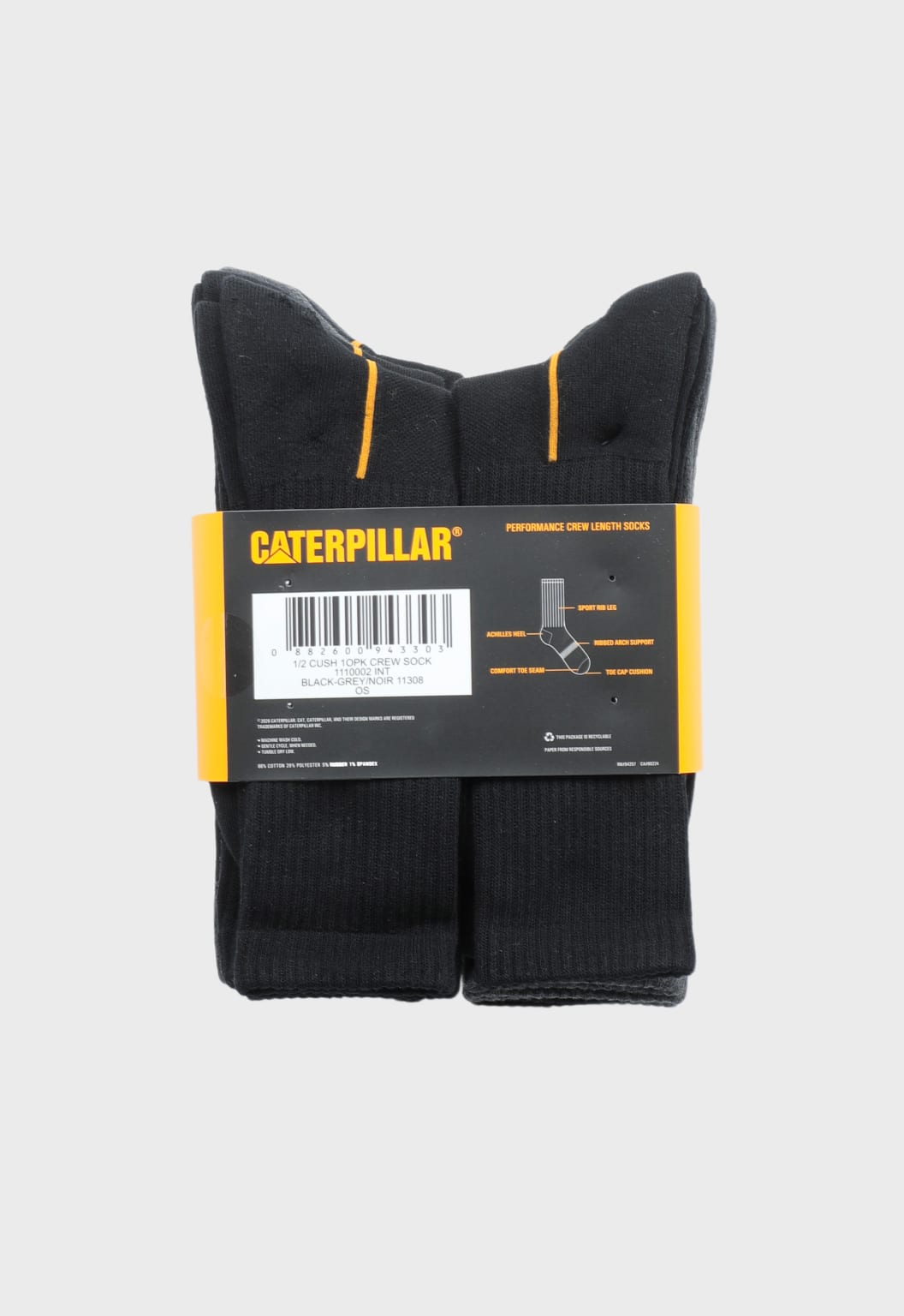 CAT 1/2 Cushion Crew Socks 10 Pack - Black/Grey