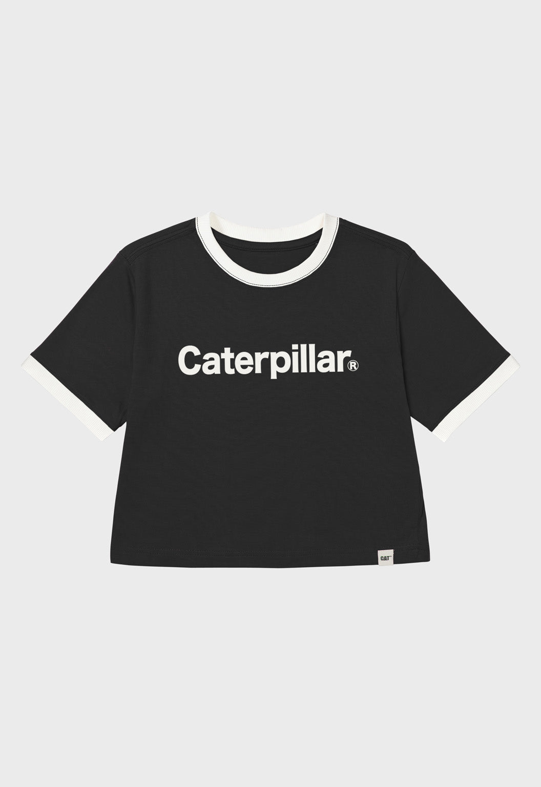 Womens CAT Ringer Crop Graphic Tee - Pitch Black/Gardenia | CAT Workwear Australia