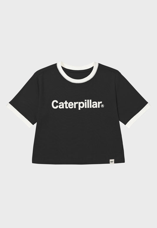 Womens CAT Ringer Crop Graphic Tee - Pitch Black/Gardenia | CAT Workwear Australia