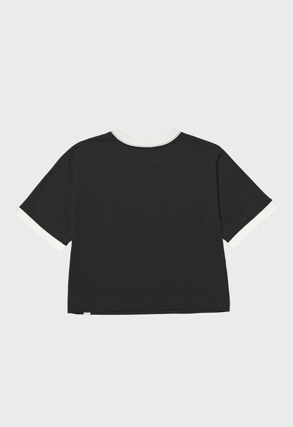 Womens CAT Ringer Crop Graphic Tee - Pitch Black/Gardenia | CAT Workwear Australia